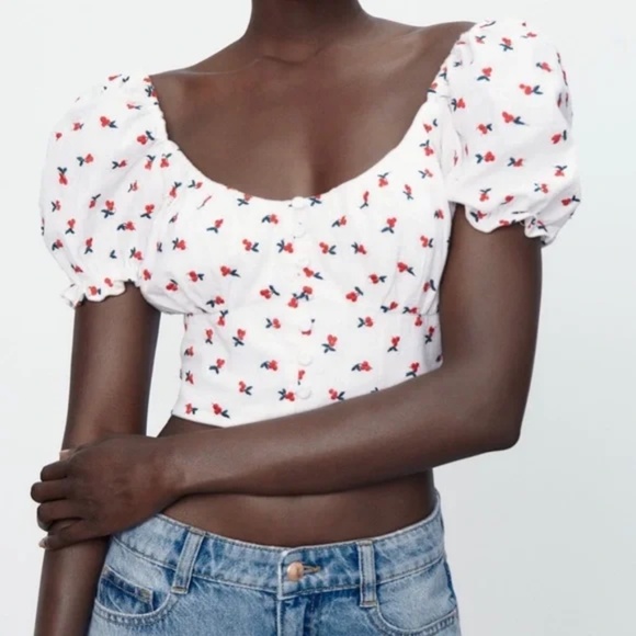 Zara | Embroidered Cherry Print Puff Sleeve Milkmaid Crop Top M - Picture 2 of 8